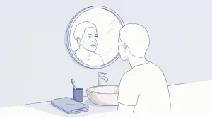 An adult checks how their teeth and smile line look in a bathroom mirror.
