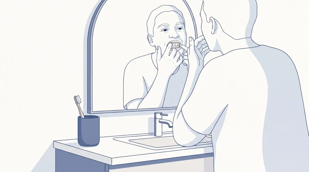 An adult checks their front teeth in a bathroom mirror while thinking about composite veneers.