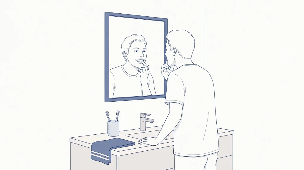 An adult checks their front teeth in a bathroom mirror while considering cosmetic dentistry.