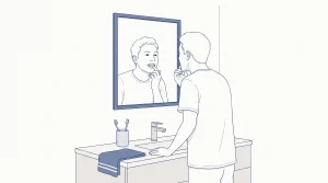 An adult checks their front teeth in a bathroom mirror while considering cosmetic dentistry.
