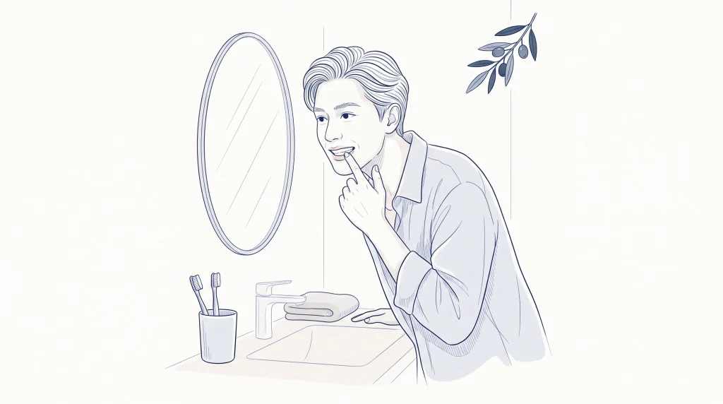 An adult checks their teeth in a bathroom mirror beside a simple sink and toothbrush cup.