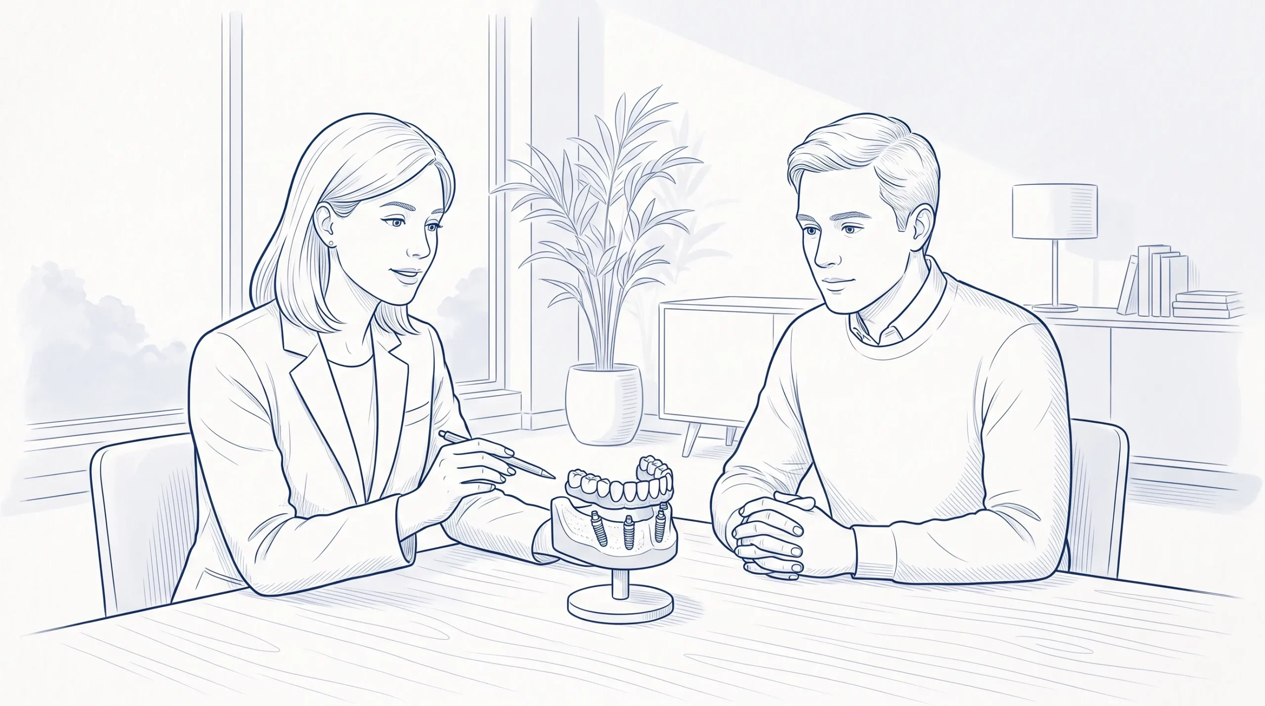 An adult dentist and patient discuss an All-on-4 implant model in a calm consultation room.