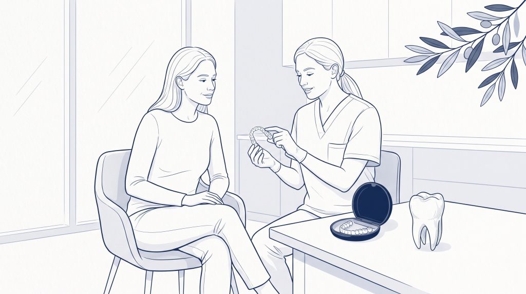 An adult dentist and patient discuss clear aligners in a calm consultation room with a tooth model on the table.