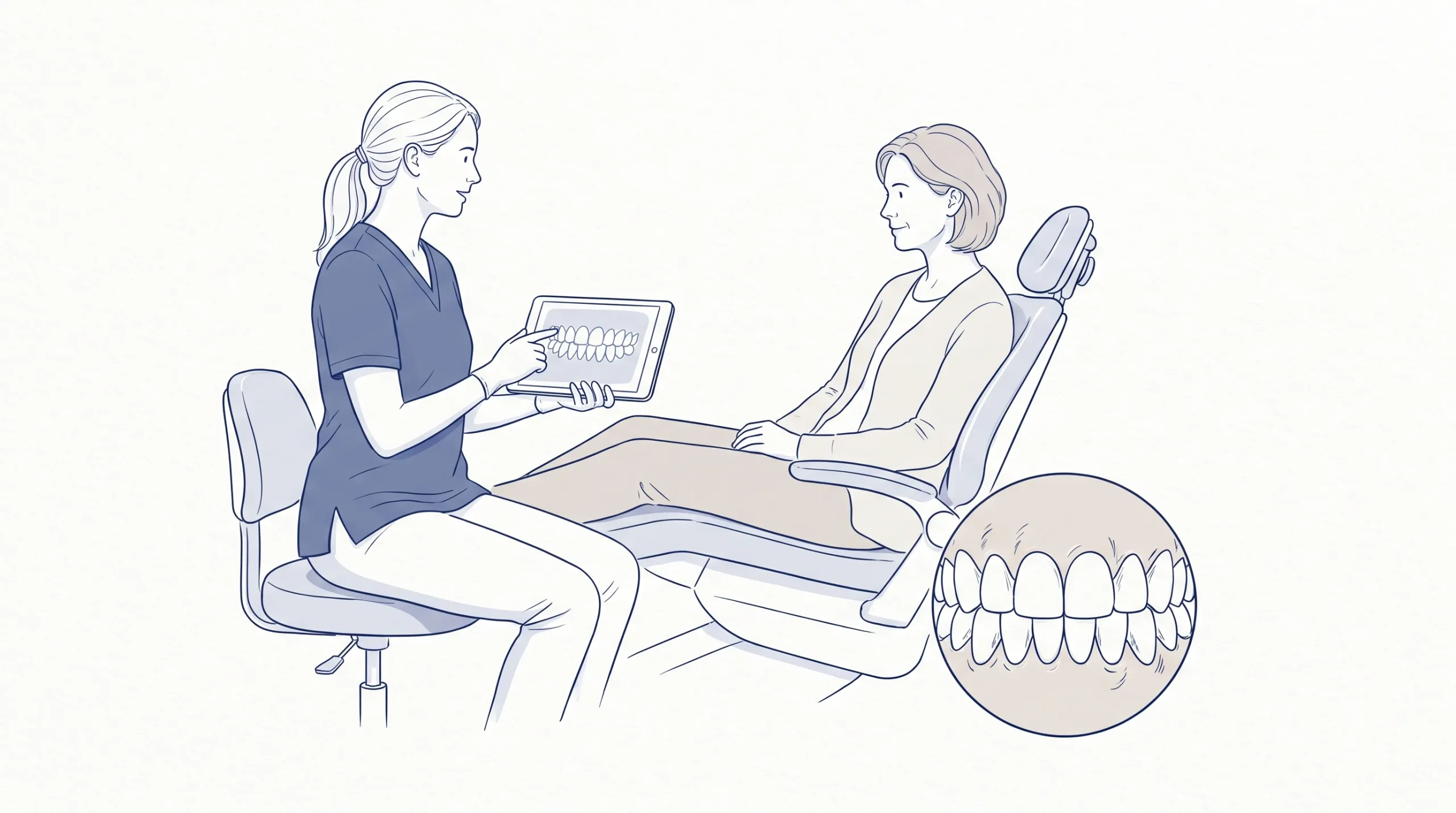 An adult patient discusses teeth bleaching with a dental professional beside a chair, with a close-up inset of natural teeth and gums.