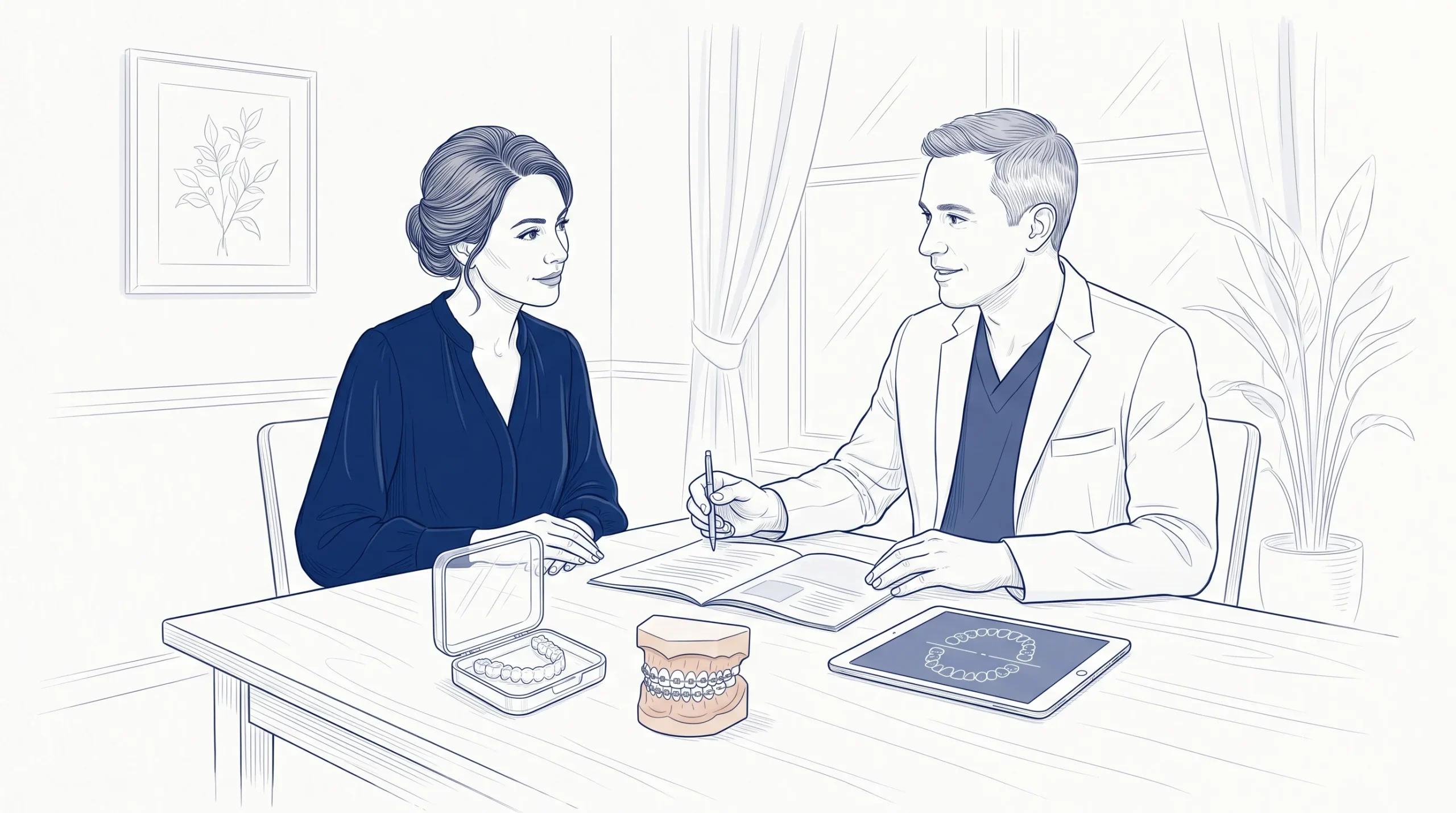 An adult patient discussing discreet orthodontic options with a dentist, with clear aligners and tooth-coloured braces shown on a consultation table.