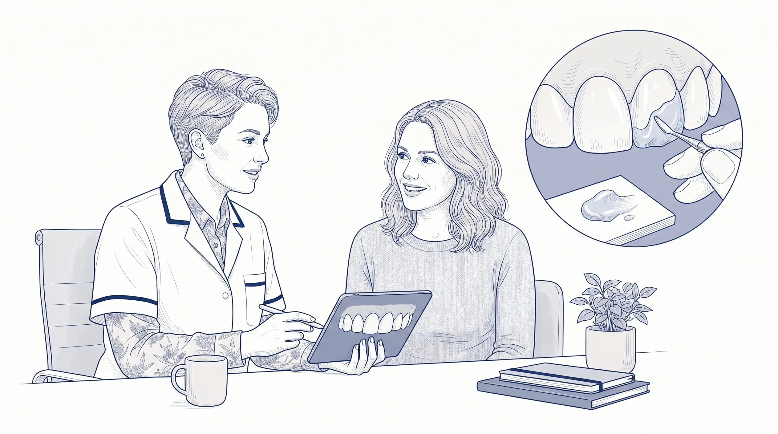 An Australian dental professional and an adult patient discuss composite veneers, with a small inset showing natural front teeth and resin detail.