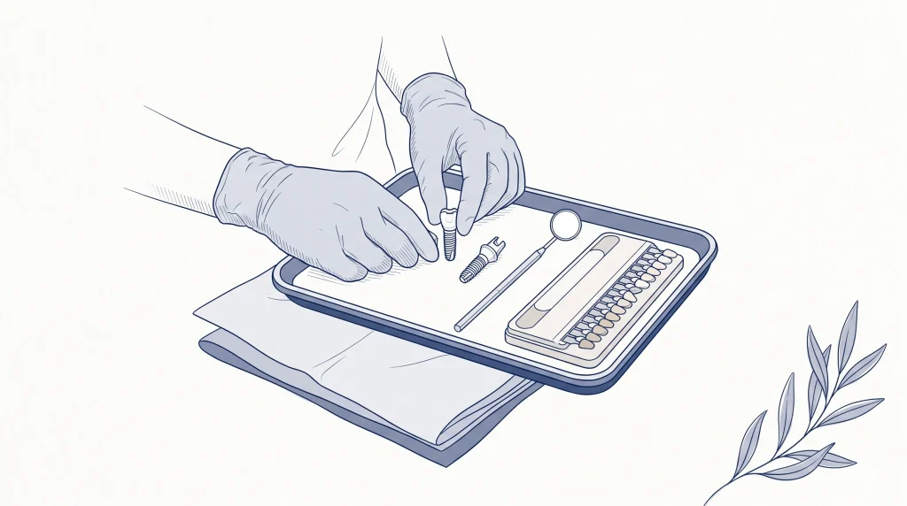 Gloved hands arrange implant parts on a clinic tray while a dentist prepares a treatment quote.