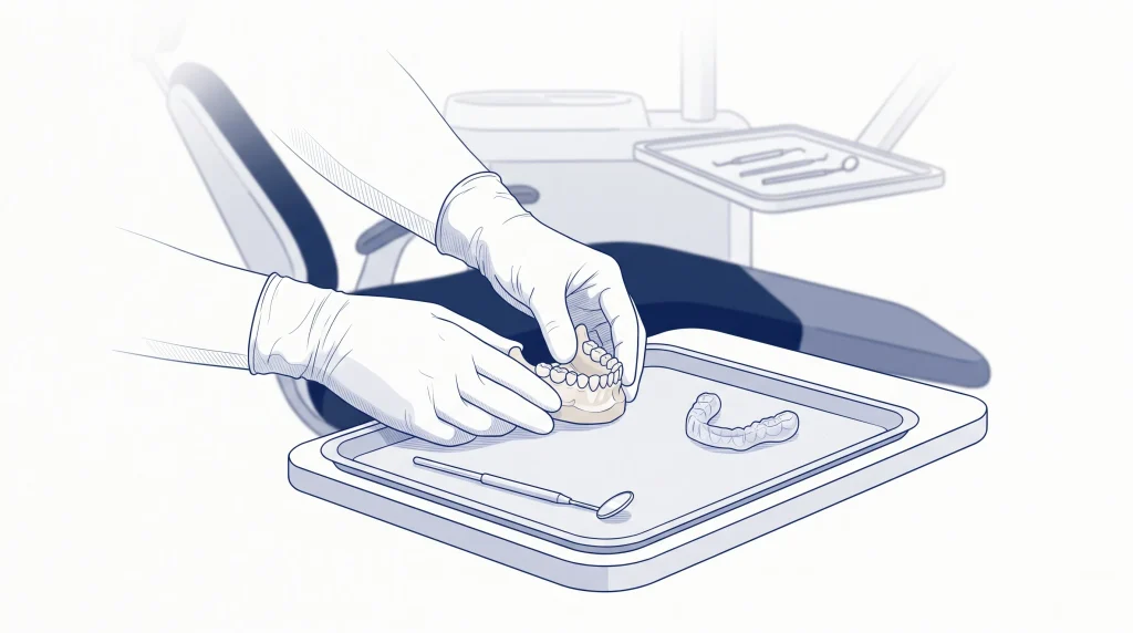 Gloved hands prepare a jaw model and surgical guide for implant planning at chairside.