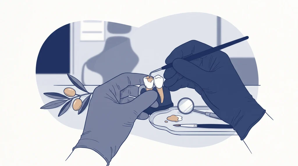 Gloved hands shape a front tooth repair as part of a cosmetic dental service.