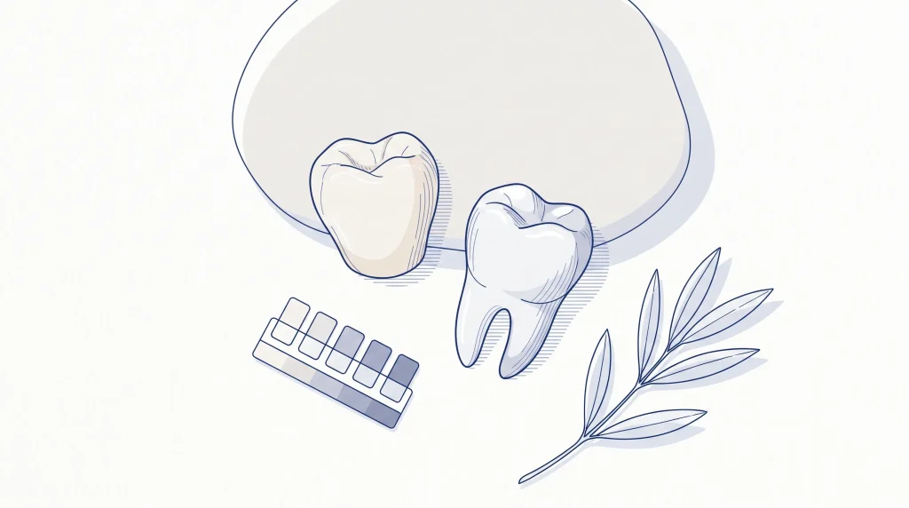 Two tooth crowns and shade tabs show how tooth colour can vary during bleaching planning.