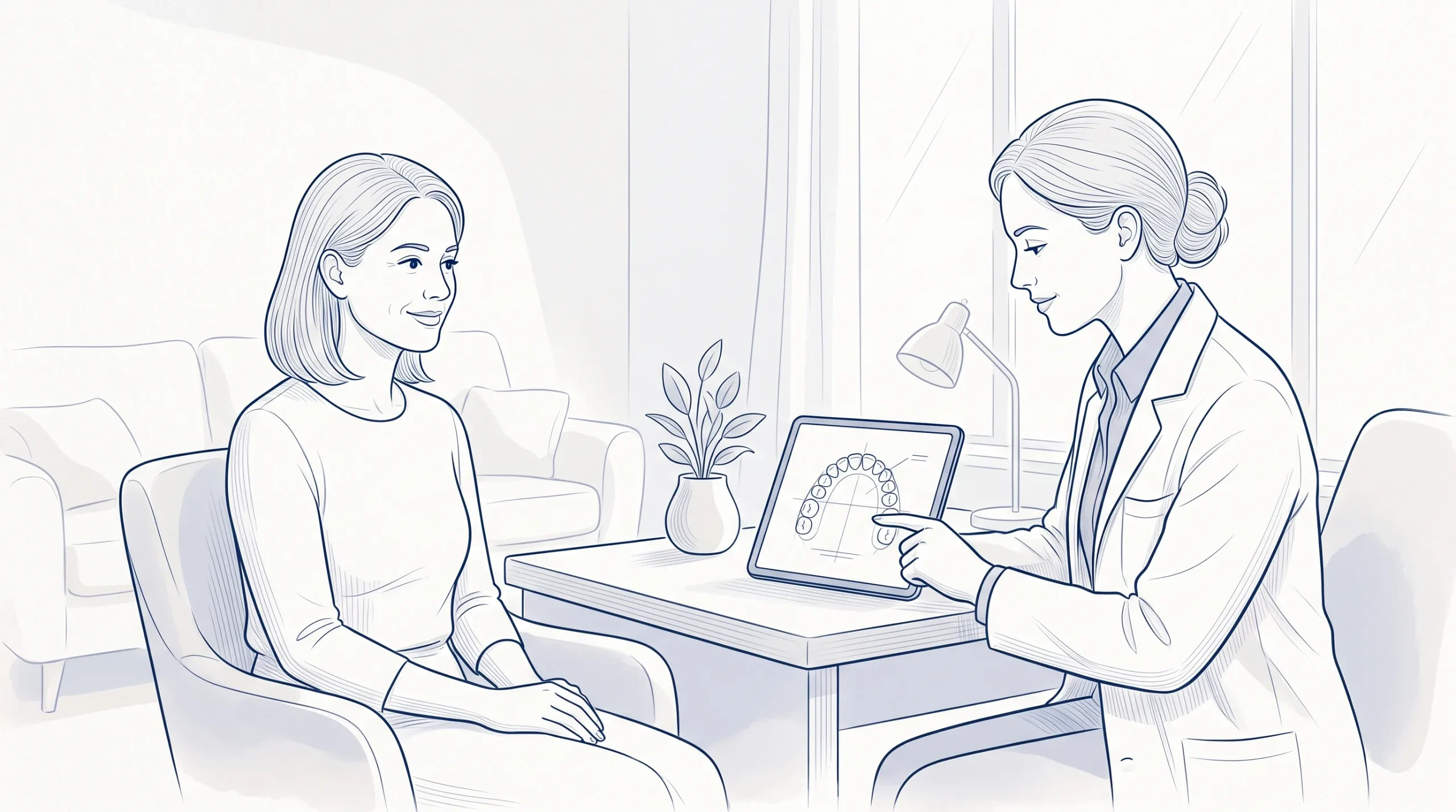 A calm adult patient discusses orthodontic assessment with a dental professional in a welcoming consultation room.