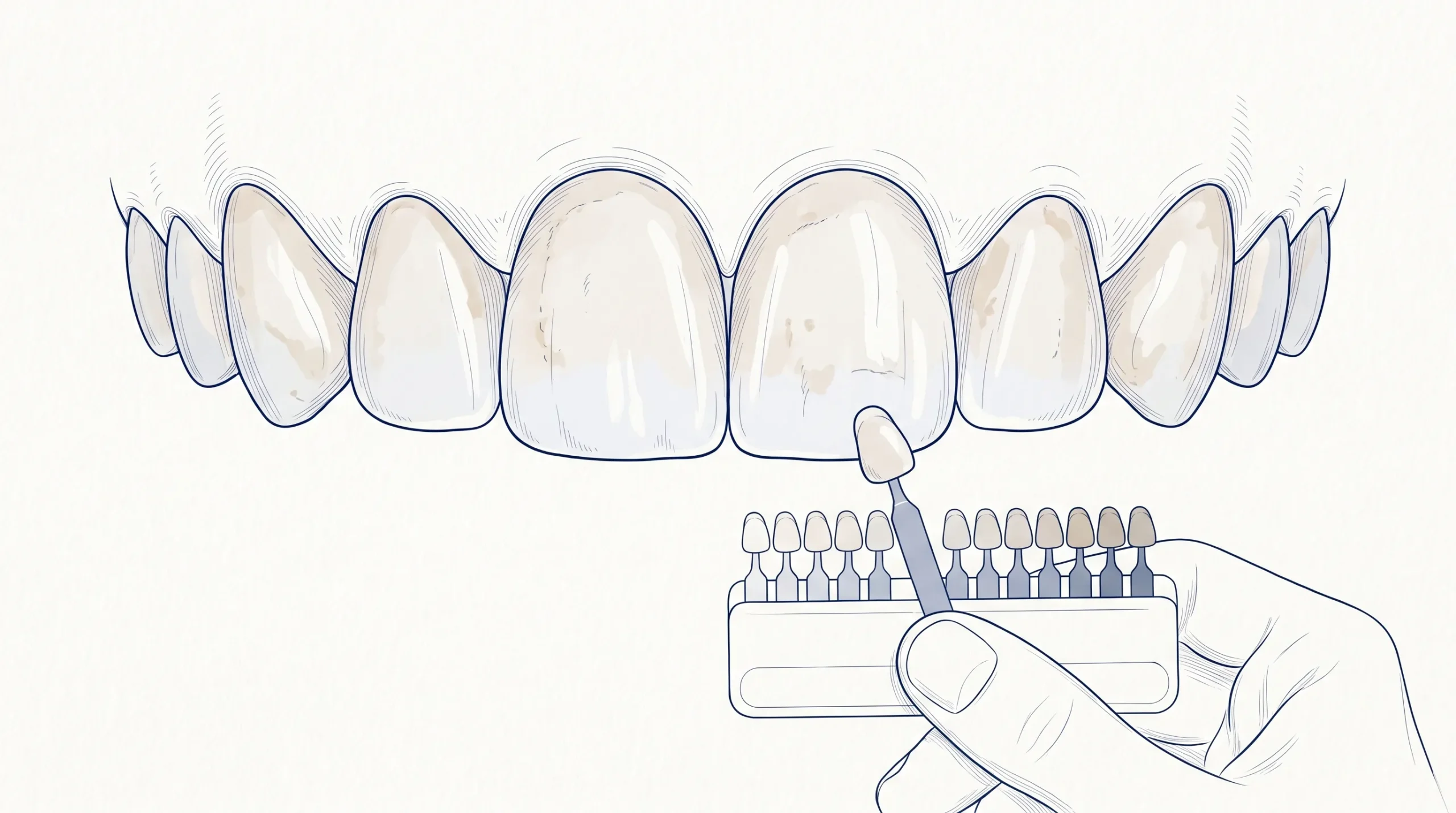 A close-up of front teeth with natural shade variation and surface staining, showing the gumline and enamel in a whitening assessment.