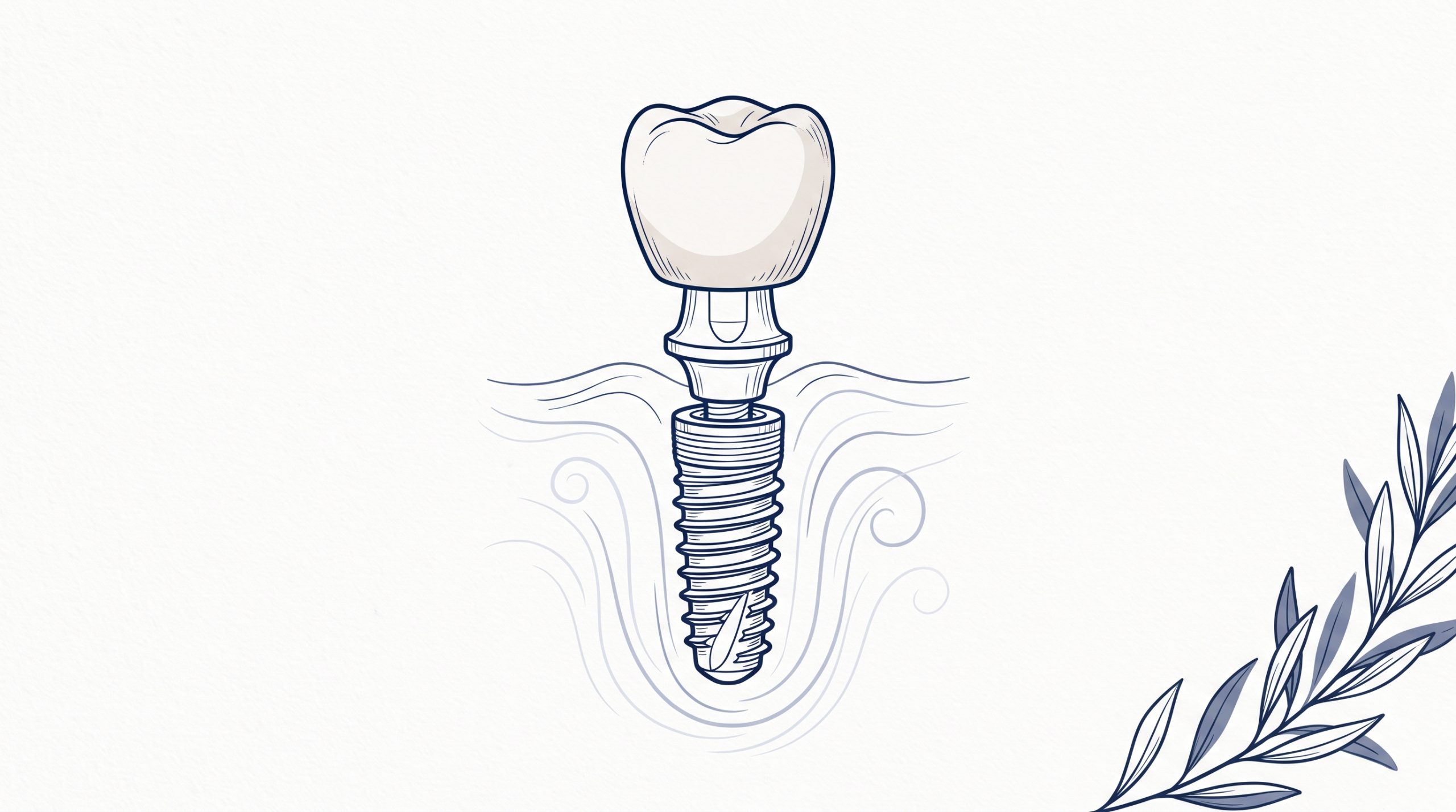 A dental implant with a porcelain crown and threaded fixture sits within a stylised gum outline, illustrating a tooth replacement option for treatment planning.