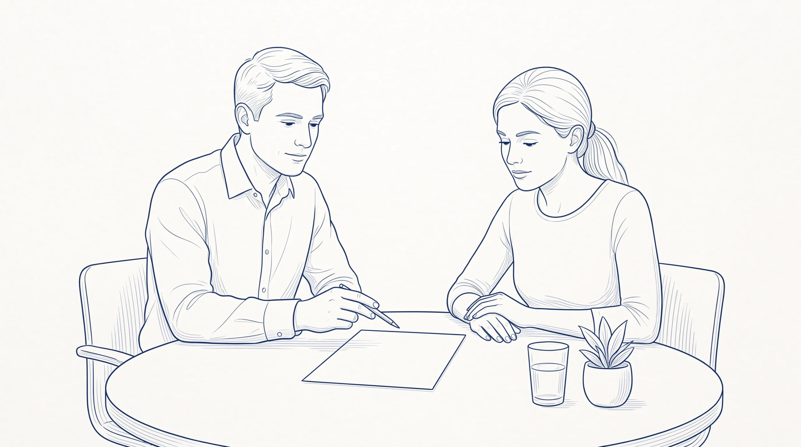 A dentist and adult patient discuss a veneers price estimate at a consultation table, with a blank document and calm expressions.