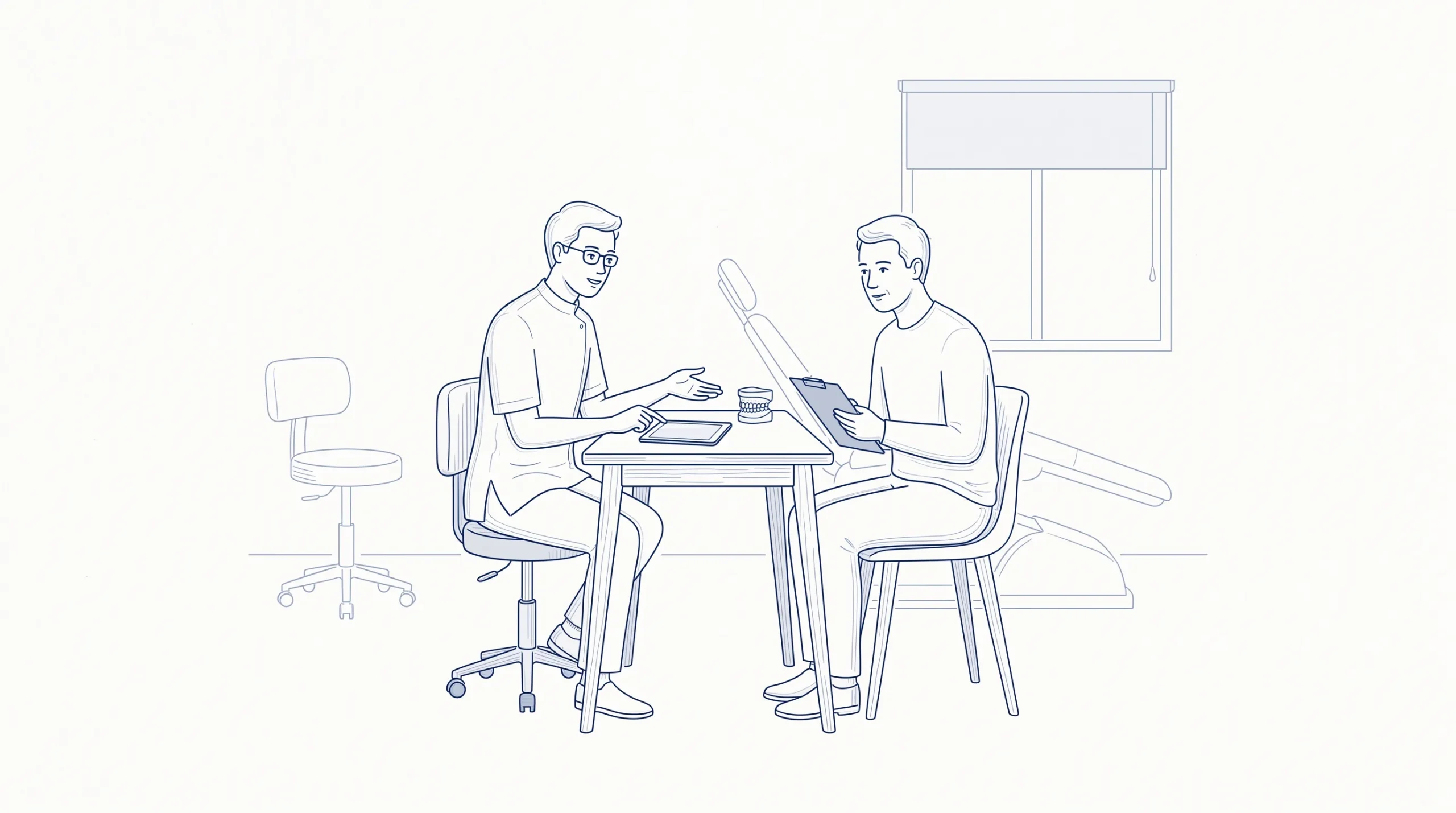 A dentist and adult patient discuss treatment options in a quiet surgery room, with a small table between them.