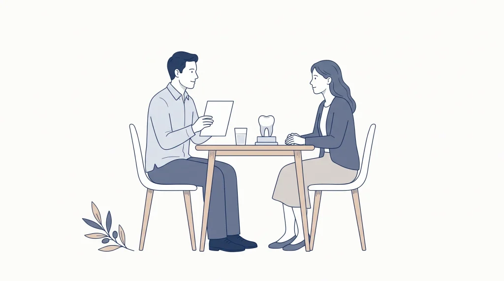 A dentist and adult patient discussing a treatment estimate at a quiet consultation table.
