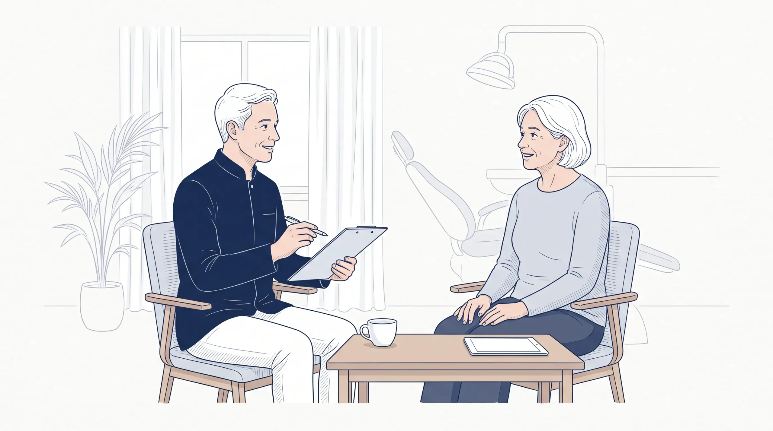 A dentist and patient discuss cosmetic dentistry options in a calm clinic consultation.
