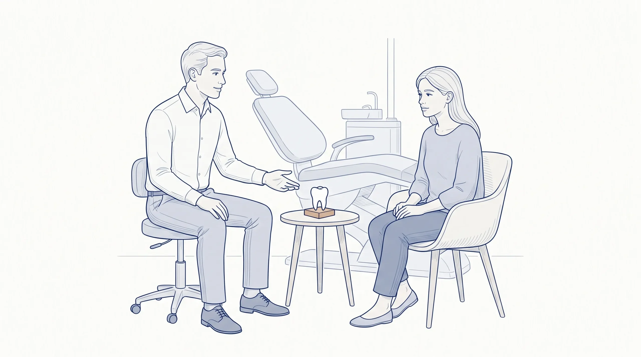 A dentist and patient discuss cosmetic dentistry options beside a dental chair, with calm faces and a small tooth model between them.