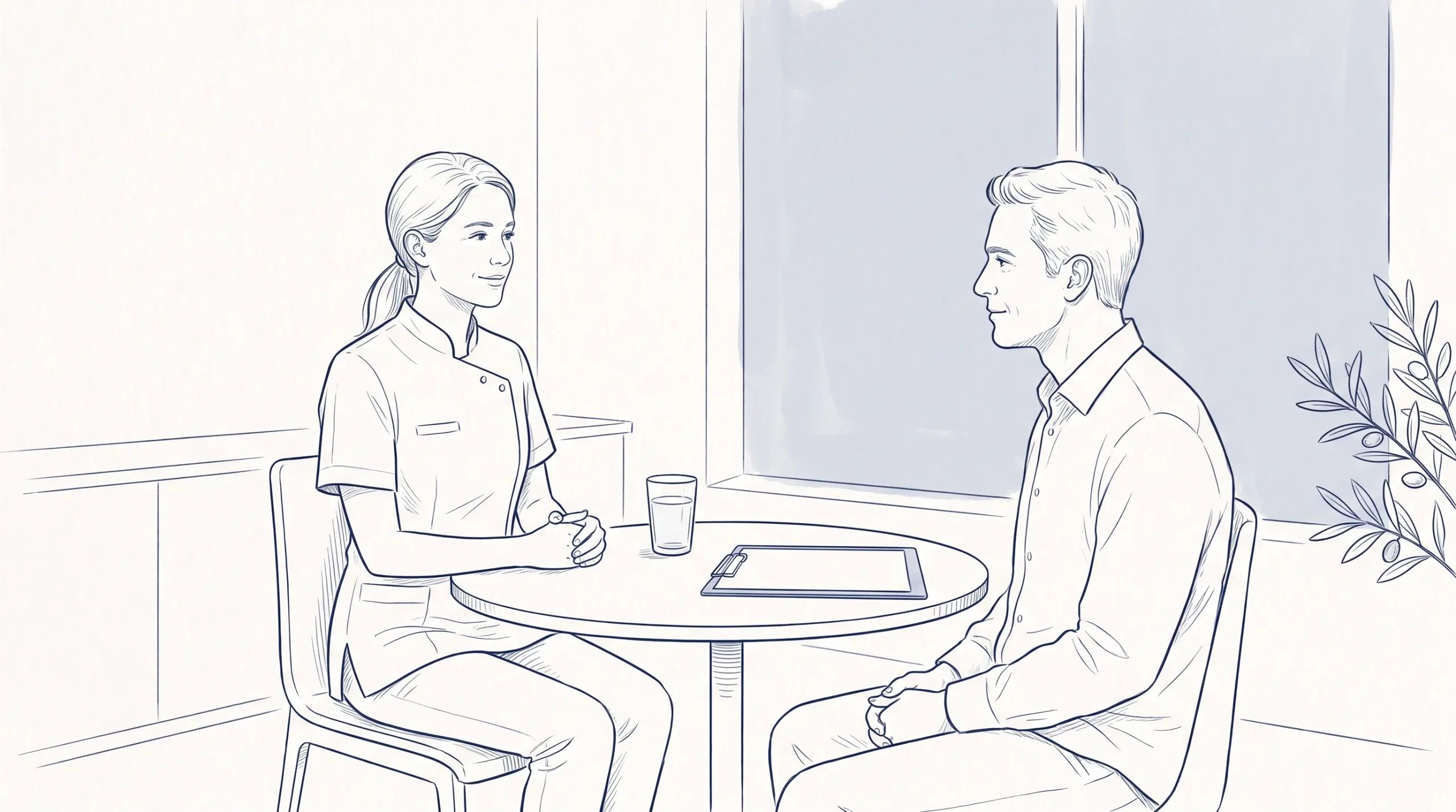 A dentist and patient discuss teeth whitening across a small table in a calm clinic consultation.