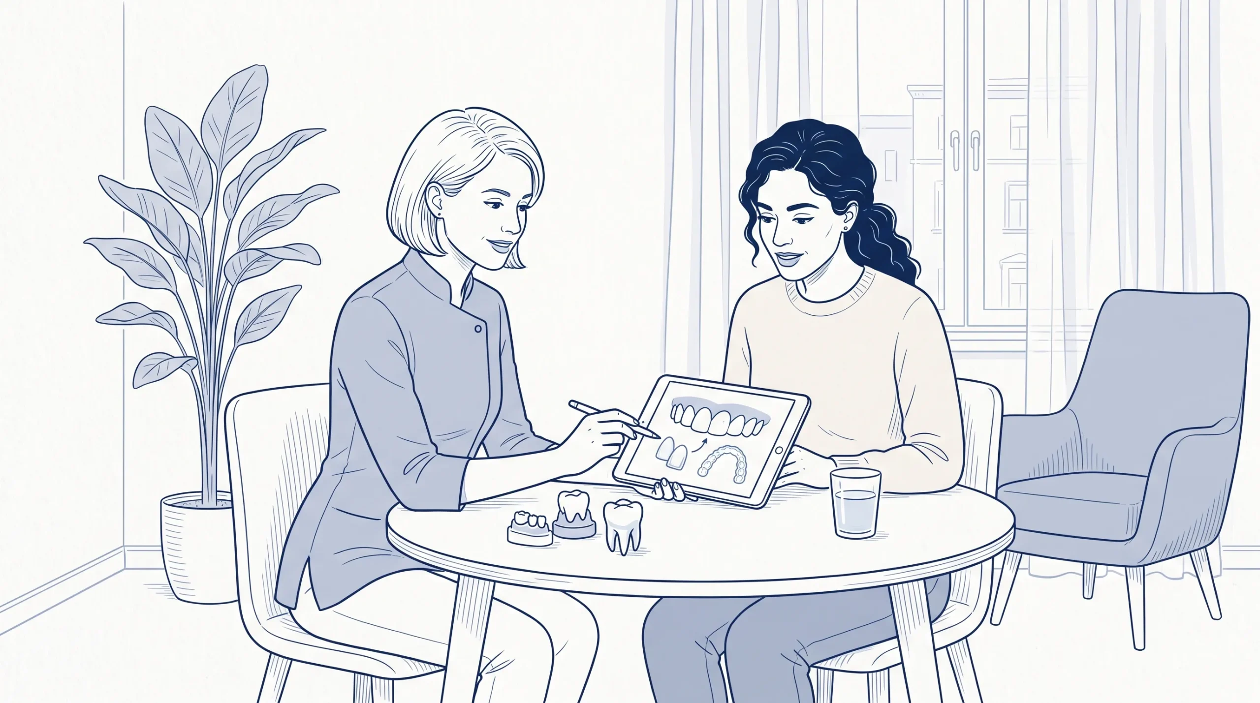 A dentist and patient talk about cosmetic work on teeth in a calm consultation room.