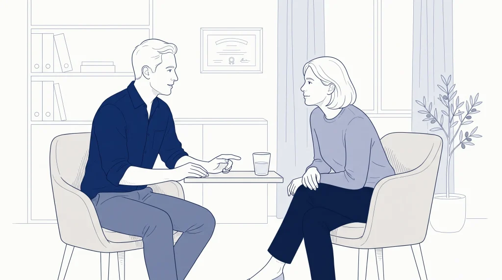 A dentist discusses possible composite tooth repairs with an adult patient in a calm consultation room.