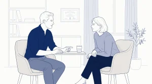 A dentist discusses possible composite tooth repairs with an adult patient in a calm consultation room.