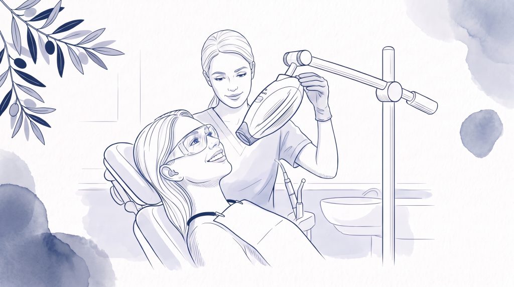 A dentist holds a whitening lamp over a reclining patient wearing protective glasses during cosmetic dental whitening.