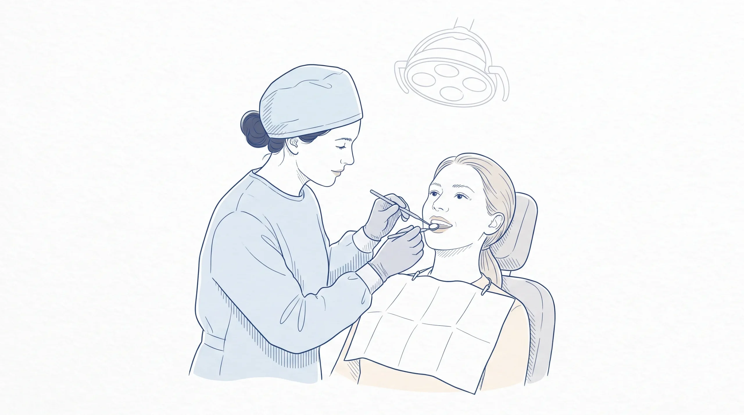 A dentist in clinical attire examines an adult patient’s naturally seated teeth with a dental mirror during an assessment of possible composite treatment.