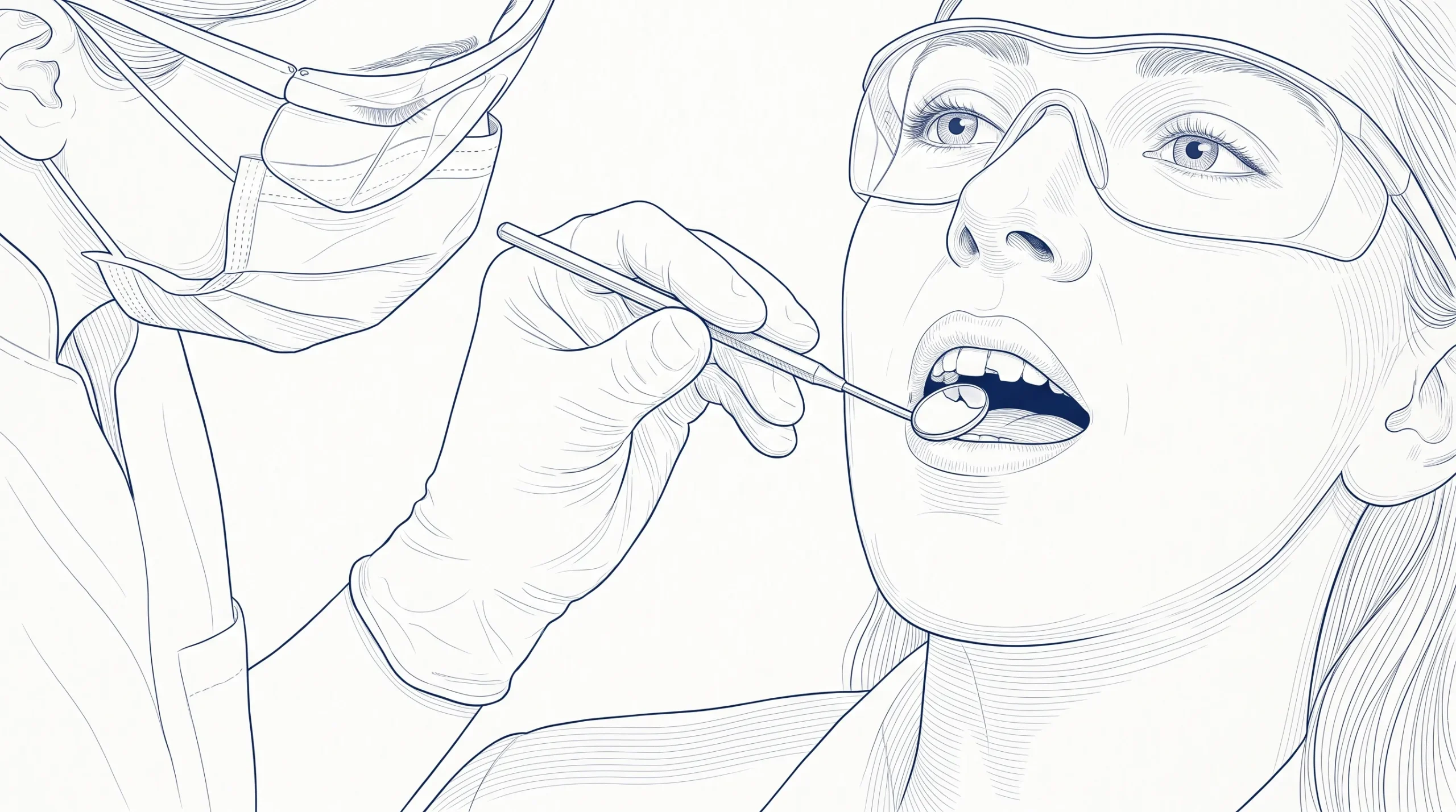 A dentist in gloves, mask and protective eyewear examines a small chip on an adult patient’s upper front tooth with a dental mirror.