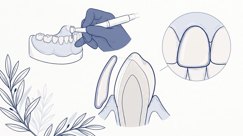 A dentist’s gloved hand works on a dental model beside a close-up of a porcelain veneer fitted to a front tooth, showing how veneers cover teeth in Melbourne.