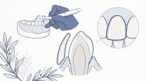A dentist’s gloved hand works on a dental model beside a close-up of a porcelain veneer fitted to a front tooth, showing how veneers cover teeth in Melbourne.