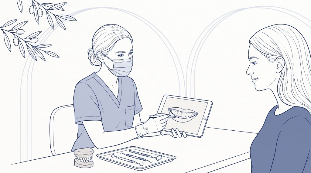 A masked dentist discusses cosmetic dental options with a patient, showing a digital image of teeth on a tablet beside a dental model and instruments.