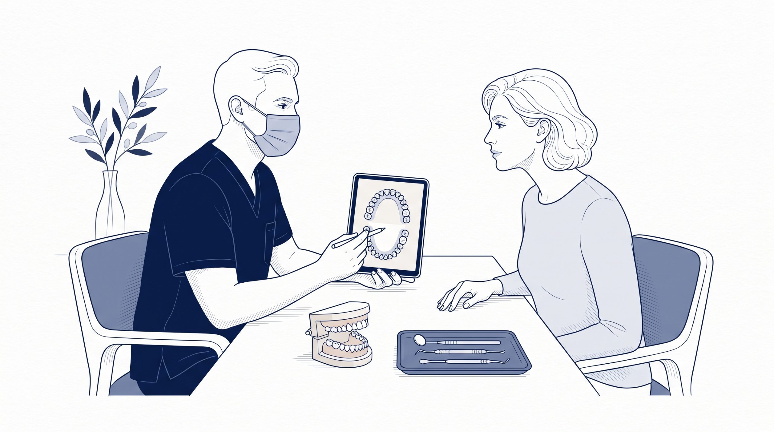 A masked dentist discusses smile treatment options with a patient, pointing to a dental chart on a tablet beside a model of teeth.