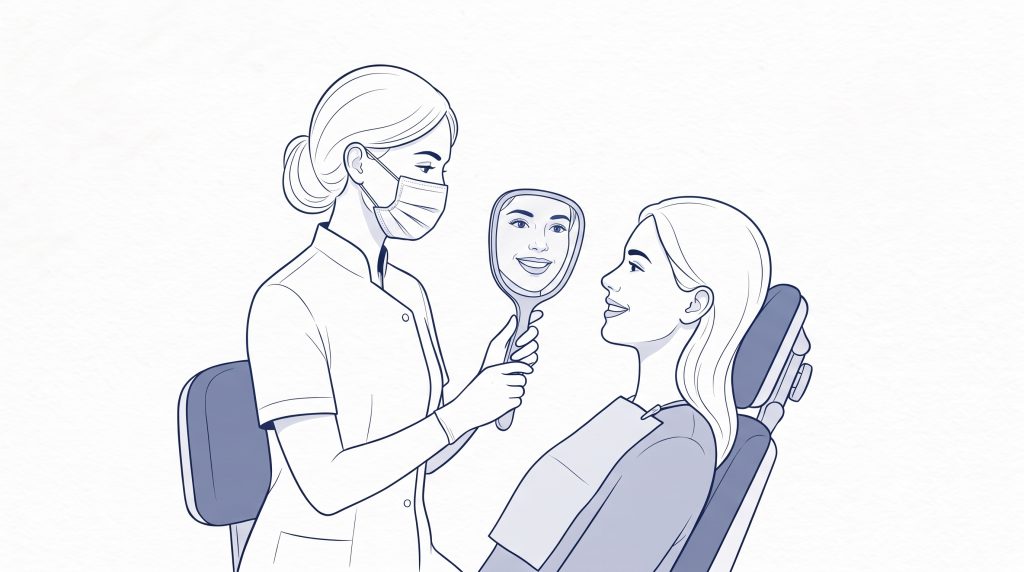 A masked dentist holds a mirror reflecting a smiling patient as she reclines in a dental chair during a cosmetic dentistry consultation.