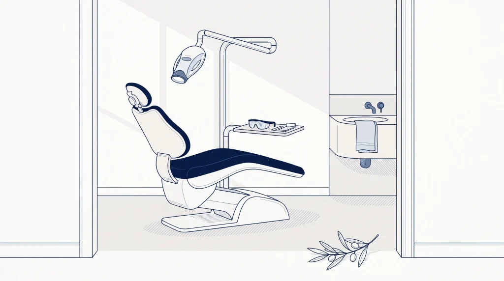 A quiet dental room prepared for Philips Zoom whitening, with the chair and lamp ready for treatment.