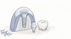A single dental implant fixture, abutment and crown are shown beside healthy gum tissue.