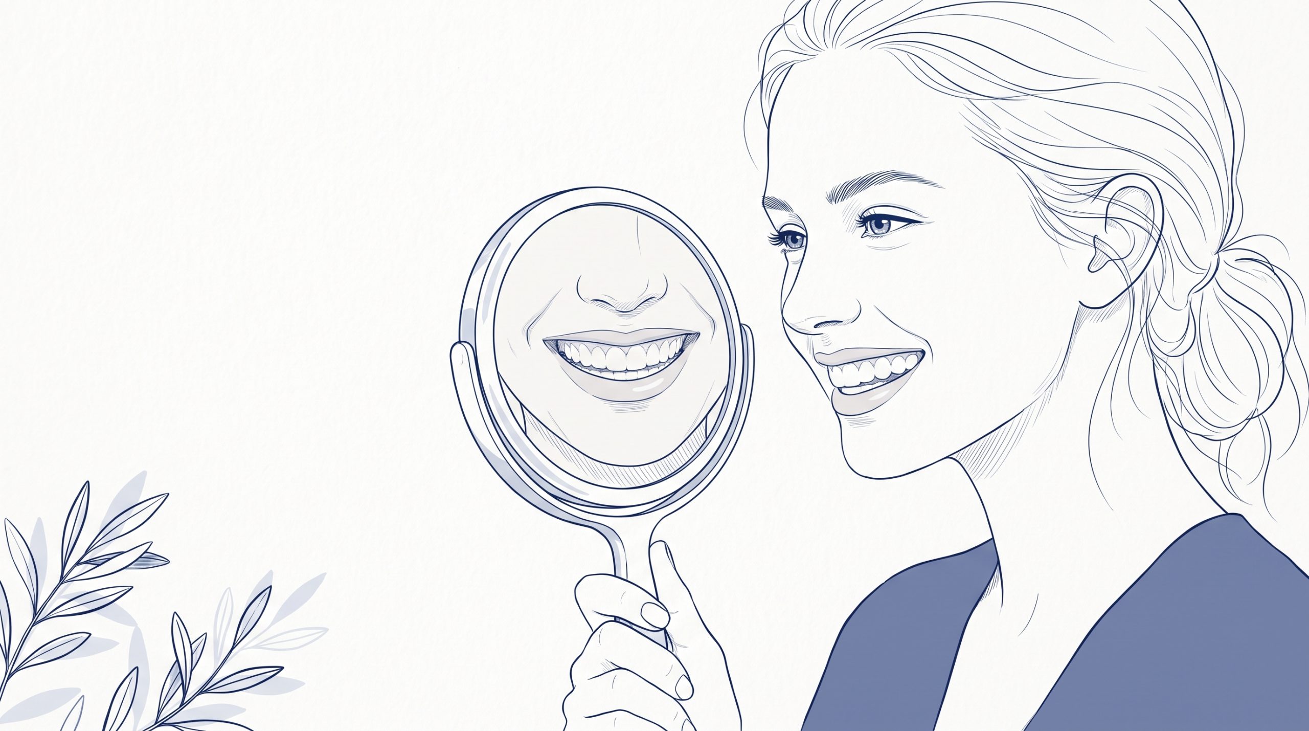 A smiling woman admires her teeth in a hand-held mirror, illustrating a personal consideration when exploring porcelain dental restorations.
