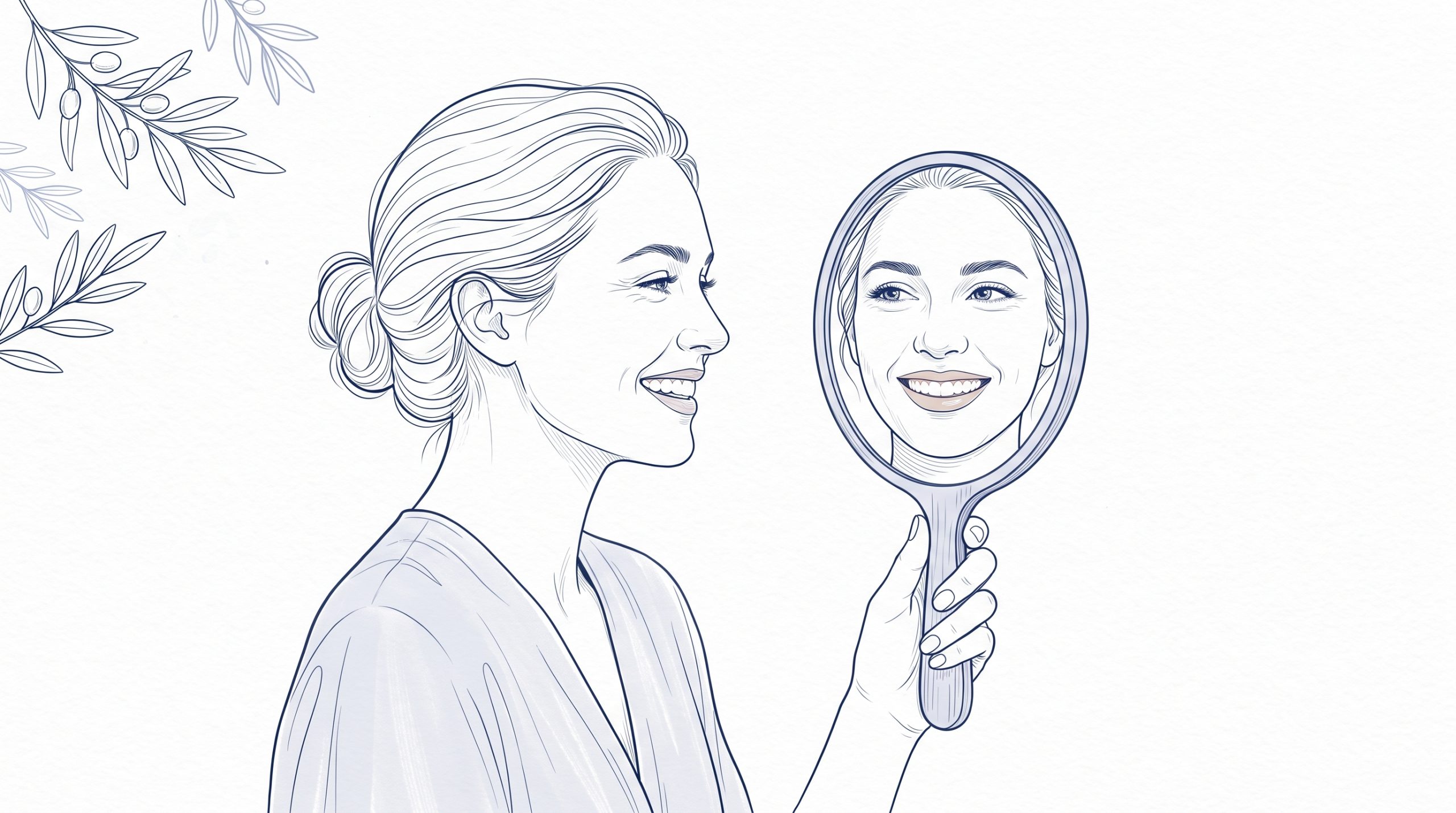 A smiling woman admires her teeth in a handheld mirror, reflecting the cosmetic results discussed in Melbourne Philips Zoom whitening.