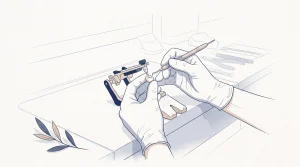 A technician carefully finishes a porcelain crown at a workbench, showing the craft involved in making a dental restoration.