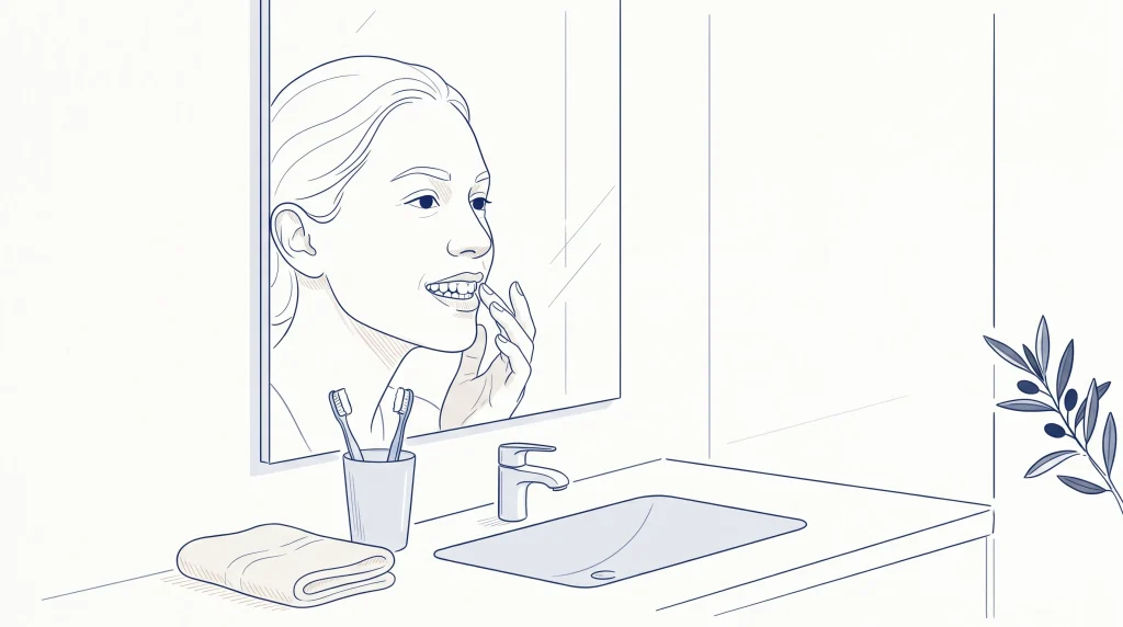 An adult checks the front teeth in a bathroom mirror before considering veneers.