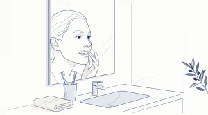An adult checks the front teeth in a bathroom mirror before considering veneers.
