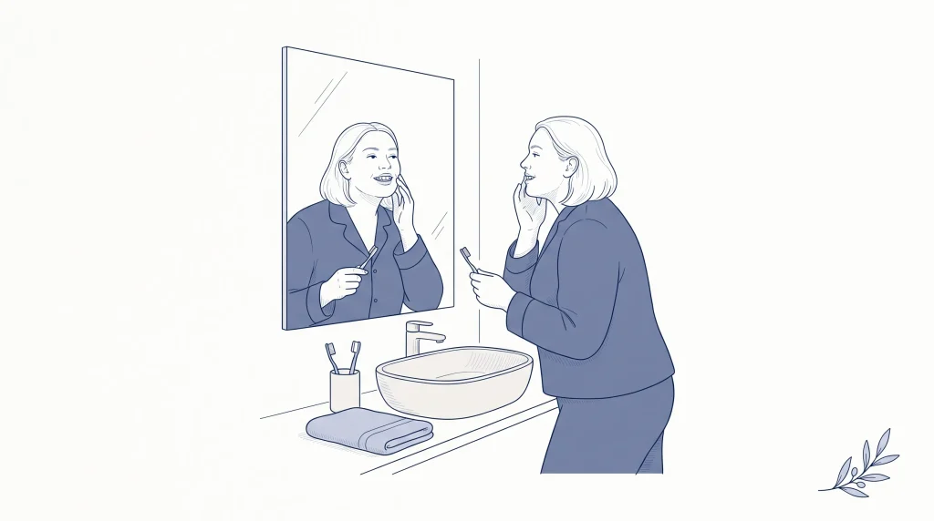 An adult checks their front teeth in the bathroom mirror during a morning routine.