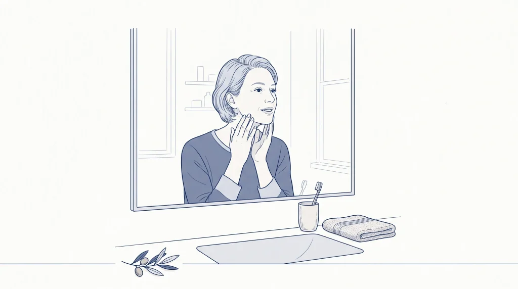 An adult checks their teeth in a bathroom mirror while considering next steps for care.