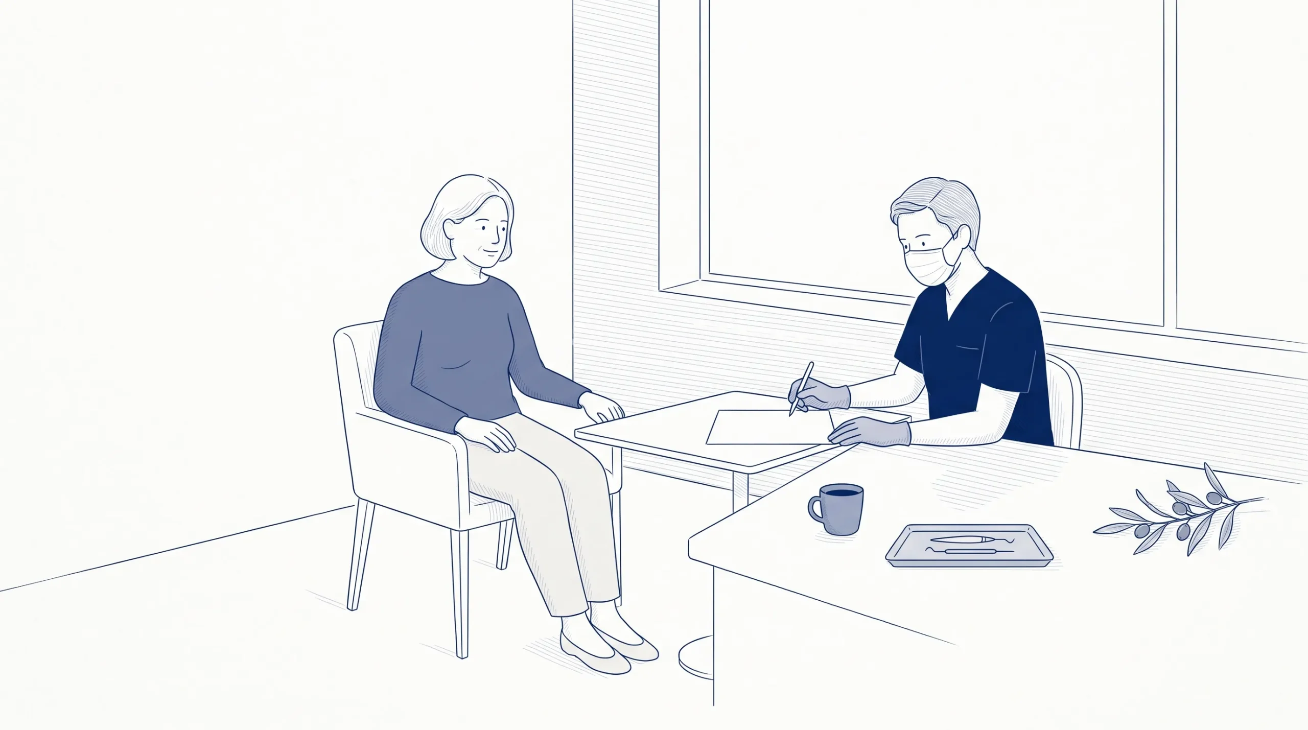 An adult patient and dentist discuss a treatment plan in a quiet consultation room.