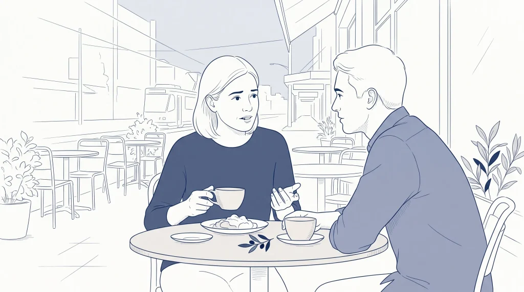 An adult speaks with a companion at a café after noticing a small chip in a front tooth.