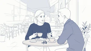 An adult speaks with a companion at a café after noticing a small chip in a front tooth.