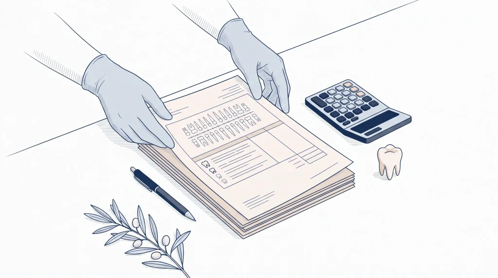 Gloved hands sort treatment estimate papers beside a calculator and tooth model on a clean desk.