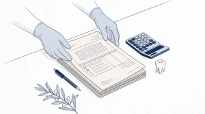 Gloved hands sort treatment estimate papers beside a calculator and tooth model on a clean desk.