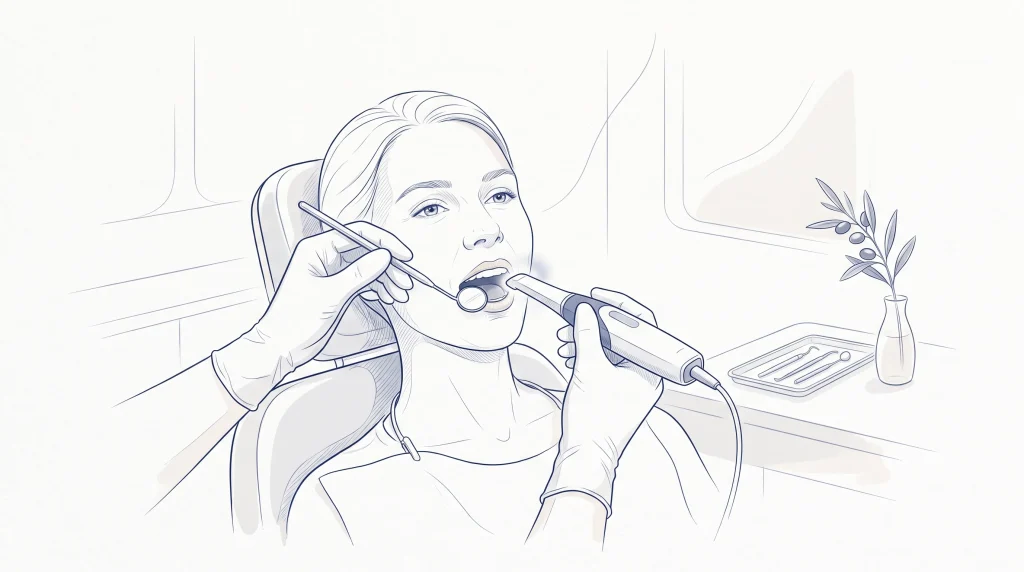 Gloved hands use a scan wand and mirror during an orthodontic assessment in a dental chair.